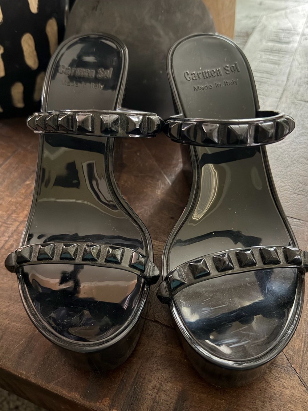 NWT Carmen Sol Tonino Black Studded Jelly Platform Wedge Sandals